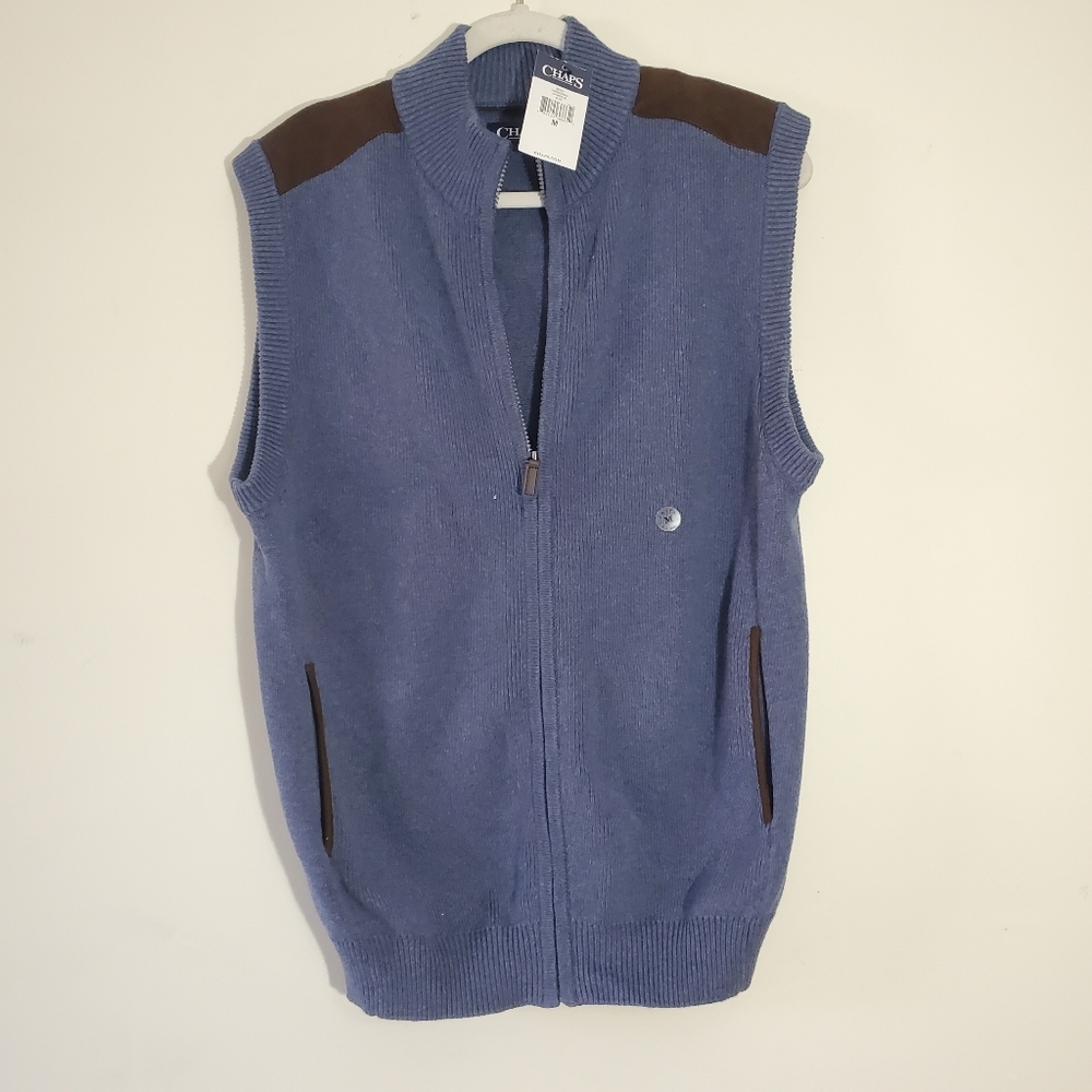 NEW Chaps Blue Sweater Vest with Brown Suede Shoulder Accents Size Medium‎